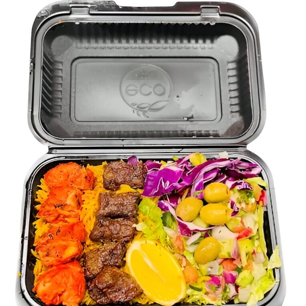 Flaming Bites Halal Grill's takeout container with chicken, beef, yellow rice, salad, olives, and lemon.