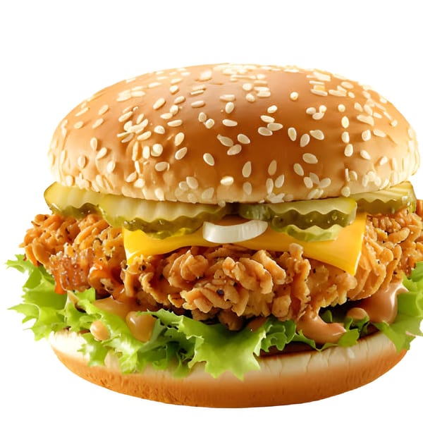 Crispy chicken burger with lettuce, cheese, pickles, onions, and sauce on a sesame seed bun.